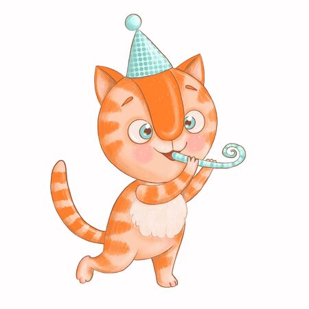 A cheerful and cute ginger tabby cat in a birthday hatの写真素材