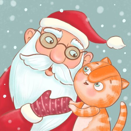 Cute ginger kitten whispers his wishes in the ear of Santa Clausの写真素材