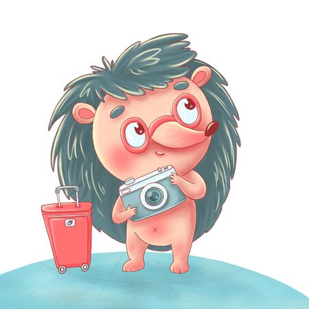 Cute hedgehog in pink glasses holds the camera in his hands. Next to the hedgehog is a red travel suitcase. Suitable for stickers, magazines and travel brochures, textiles, postcards, posters.の写真素材