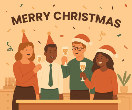 Happy business people at a Christmas and New Year's corporate party on the background with big numbers 2022. Positive men and women in party caps dancing and having fun. Modern vector characters.のイラスト素材