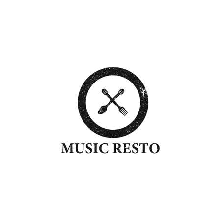 Abstract combination of fork and spoon with head guitar Logo up in abstract plate applied for food and restaurant logo design inspiration.のイラスト素材