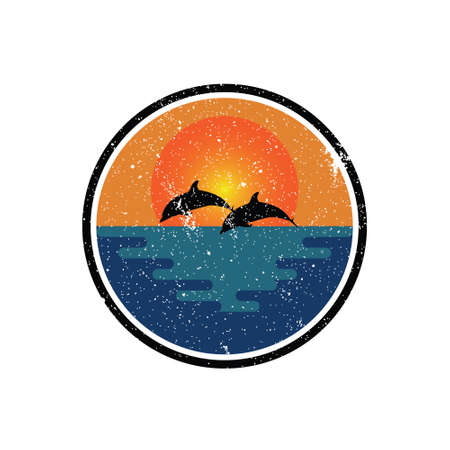 Dolphin silhouette illustration vector animal logo design, Orange sunset cloudy ocean viewのイラスト素材