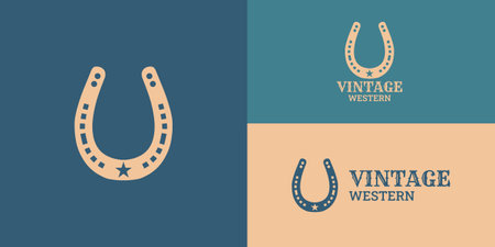 Horseshoe for Country, Western, Cowboy Ranch logo design inspiration in blue vintage color presented in multiple logo positions suitable for the logo of farmhouse, cattleのイラスト素材