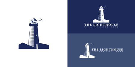Abstract lighthouse icon logo in blue color isolated on multiple blue background colors. The logo is suitable for business and consulting company icon logo design inspirationのイラスト素材