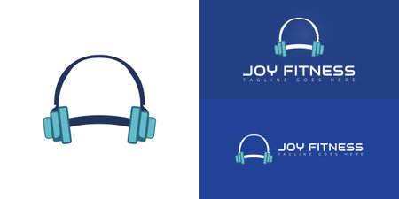 Heavy music logo is illustrated from dumbbells and headphones icons in blue color isolated on multiple background colors. The logo is suitable for music sports business logo vectorのイラスト素材