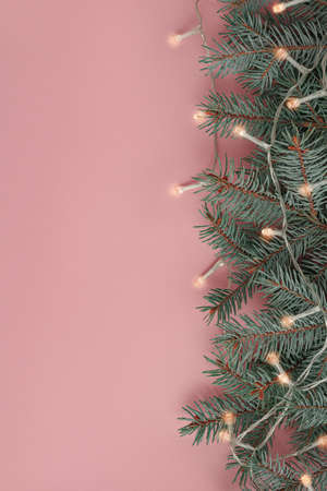 decorations for christmas, fir branches on a pink background. Lights in blur from aboveの写真素材
