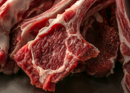 Full frame of fresh chopped lamb meat. Shot close-up, indoors.の写真素材
