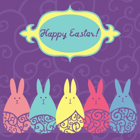 Vector easter greeting card with egg-shaped bunnies on violet background.のイラスト素材
