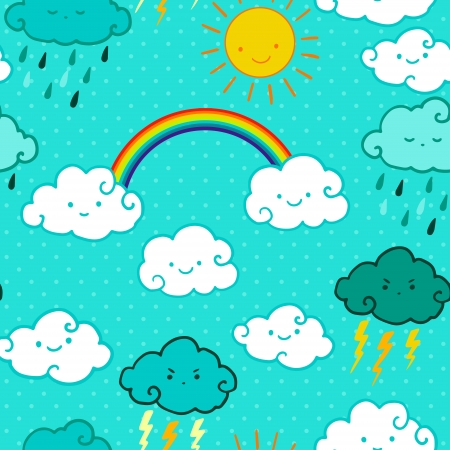 Child drawing style rainbow and clouds seamless pattern.のイラスト素材