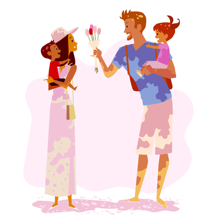 Family on vacation. Parents with their children have fun. Vector illustration.のイラスト素材