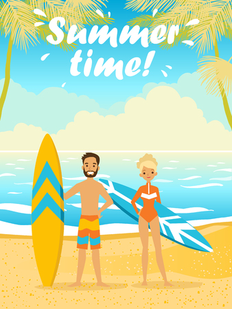 Vector illustration of a man and girl with surf board.のイラスト素材