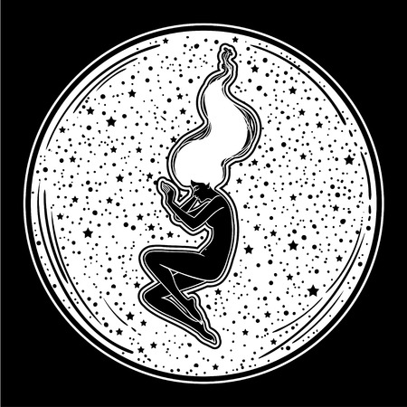 Girl lying in the cup Stars in her hair. Dark flesh tattoo, logo, mystic, hand drawing vector illustration.のイラスト素材