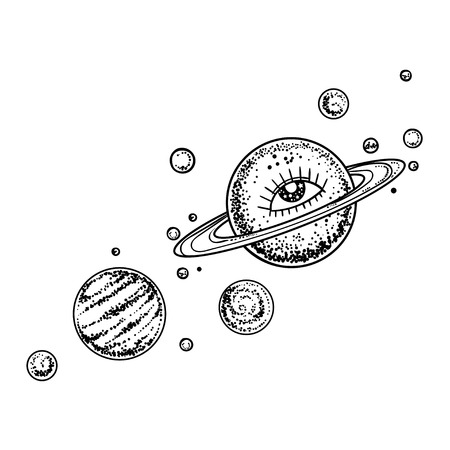Shooting stars and planets in tattoo style. Comet tail or star trail vector isolated. Stardust falling  meteorites.のイラスト素材