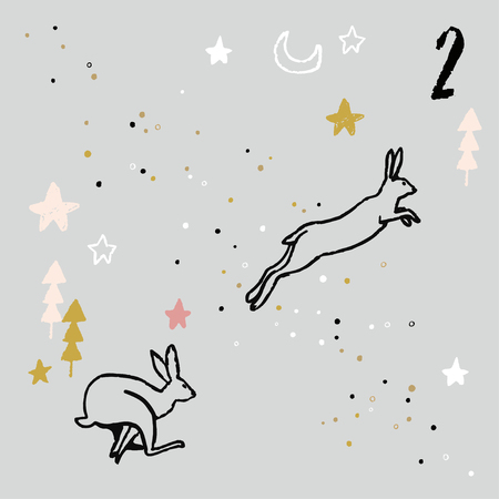 Christmas advent calendar with cute adorable animals. Hand drawn style. Winter holidays poster. Vector illustration.のイラスト素材