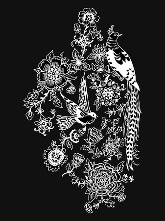 Dark Enchanted Vintage Flowers and Birds vector illustration. Magic forest background.のイラスト素材