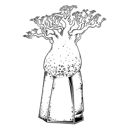 Unusual mysterious big tree on magical crystal. Hand drawn vector illustration.のイラスト素材
