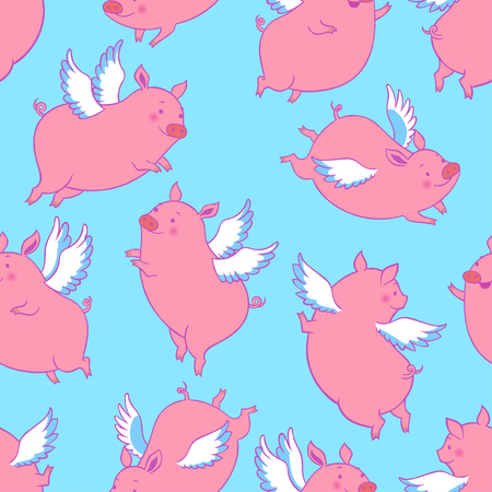 Cute flying winged piglets.Vector seamless pattern.のイラスト素材