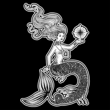 Beautiful mermaid with human skull in her hands hand drawn illustration. Sea, fantasy, spirituality, mythology, tattoo art, coloring books. Isolated vector illustration.のイラスト素材