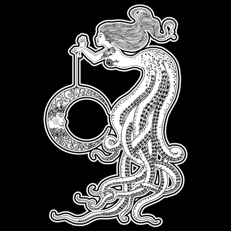 Beautiful mermaid with human skull in her hands hand drawn illustration. Sea, fantasy, spirituality, mythology, tattoo art, coloring books. Isolated vector illustration.のイラスト素材