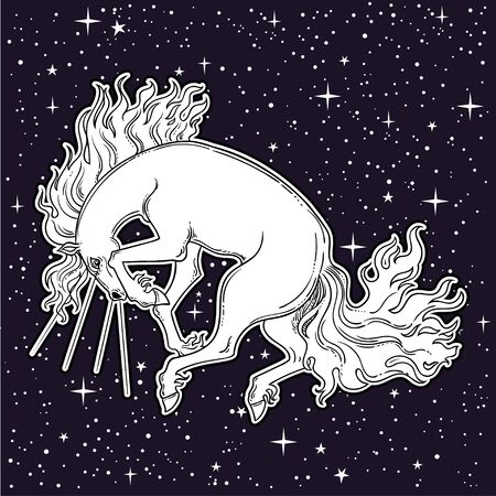 Magic Horse. Beautiful vector illustration. Myth and fairytale, perfect for tattoo, stickers, t-shirt and etc.のイラスト素材