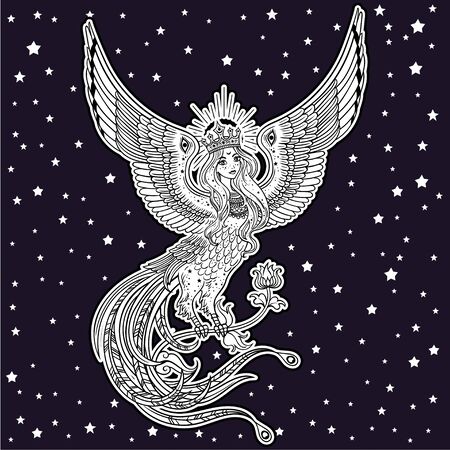 Hand drawn illustration with Beautiful Woman-headed bird. Sirin and Alkonost The Birds of Joy and Sorrow from Russian fairy tale. Vector art, perfect for tattoo, logo, cards and etc のイラスト素材