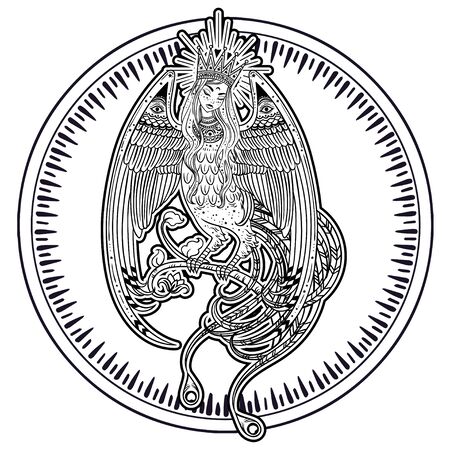 Hand drawn illustration with Beautiful Woman-headed bird. Sirin and Alkonost The Birds of Joy and Sorrow from Russian fairy tale. Vector art, perfect for tattoo, logo, cards and etcのイラスト素材