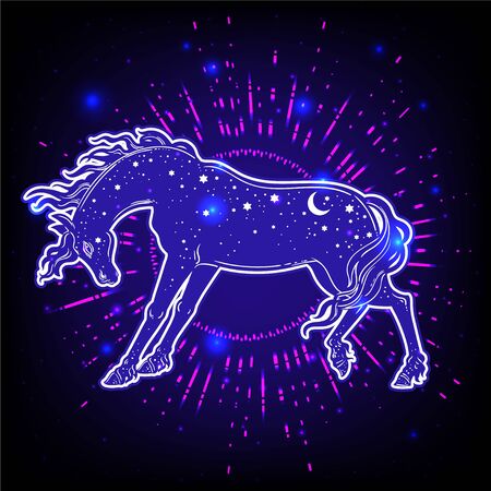 Dark Beautiful Horse. Magic vector illustration. Myth and fairytale, perfect for tattoo, stickers, t-shirt and etc.のイラスト素材