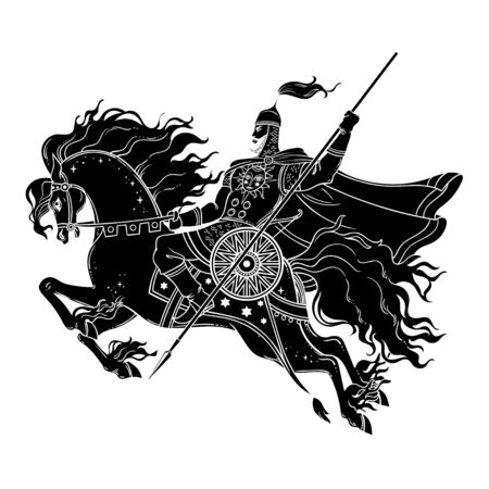 Dark Rider Horse from traditional slavic myth and fairytale. Magic vector illustration. Warrior on horse.のイラスト素材