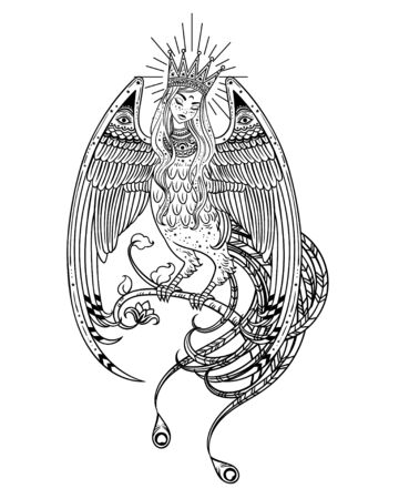 Hand drawn illustration with Beautiful Woman-headed bird. Sirin and Alkonost The Birds of Joy and Sorrow from Russian fairy tale. Vector art, perfect for tattoo, logo, cards and etcのイラスト素材
