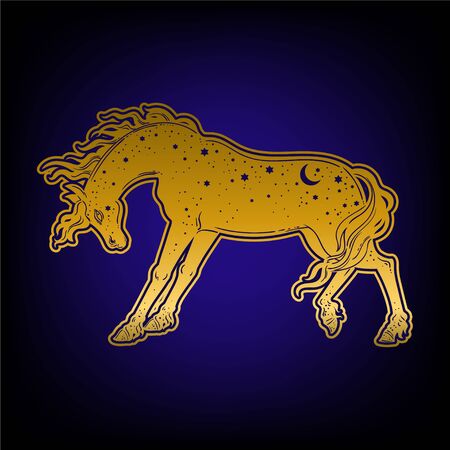 Dark Beautiful Horse. Magic vector illustration. Myth and fairytale, perfect for tattoo, stickers, t-shirt and etc.のイラスト素材