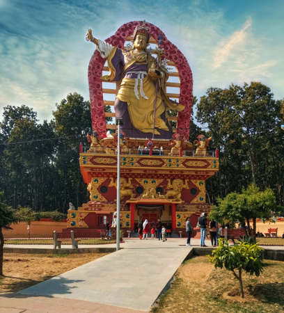 Dehradun, India- 20 June 2020: Statue of Padmasambhava or the second buddha as venerated in Tibetan buddhism. Mindrolling monastrey, Dehradun, Uttrakhand, India.のeditorial素材
