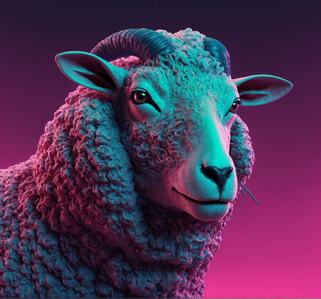 Sheep portrait with blue and pink neon light. 3D renderingの素材