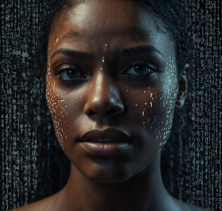 Close-up portrait of young african american woman with binary codeの素材