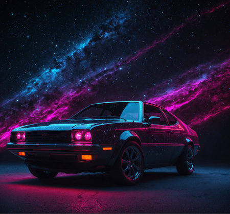 Old car in the night sky with stars and smoke. 3d renderingの素材