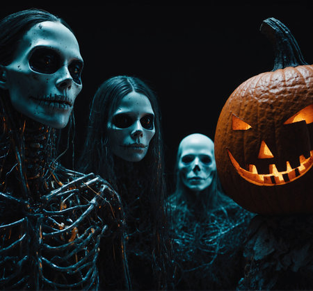 Three women in skeleton costumes with pumpkins on dark background. Halloween.の素材