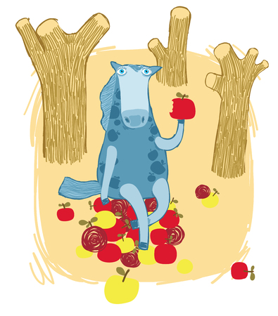 Horse Eating an Apple in the Autumn Gardenのイラスト素材