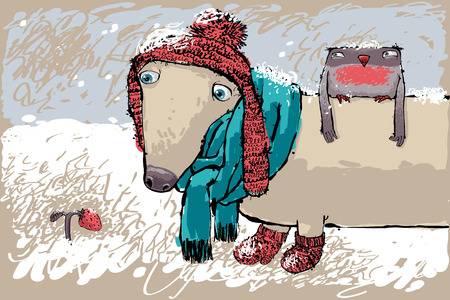 Little Duchshund with  Bullfinch and Strawberry Under the Snow. Illustration in sketch style. No effects, no gradients.のイラスト素材