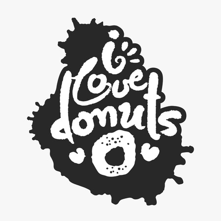 I Love Donuts. Hand written calligraphy phrase in an ink blot. White on black. Clipping paths included.のイラスト素材