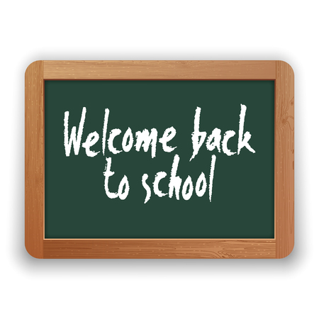 Welcome Back to School lettering. Vector hand written phrase on green blackboard. Isolated on white background. Clipping paths included.のイラスト素材