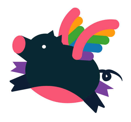 modern flat style illustratin flying pig animal with rainbow wingsのイラスト素材