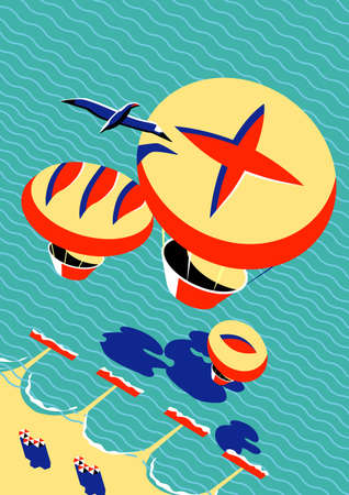 Airships in the form of bread and fast food cups fly over the sea and the beachのイラスト素材