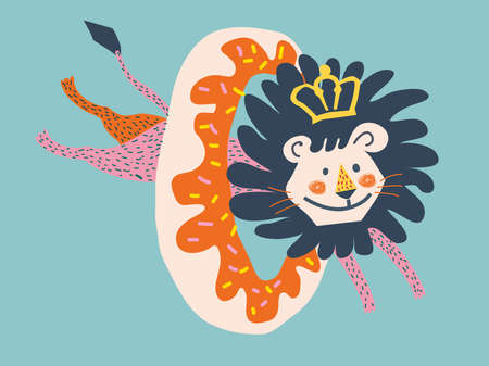 cute lion Jumps through a donut. Circus animal artist doing trick with doughnutのイラスト素材
