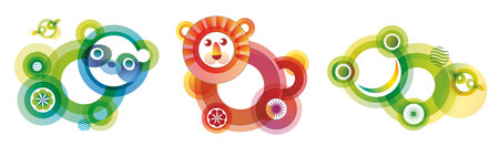 Set of cute animals in design composition with circle and animal headのイラスト素材