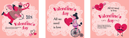 Creative, cute valentines day pink template for social media with funny animal greeting for card, poster, banner.のイラスト素材