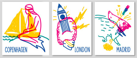 Doodle posters of various symbol cities. Ð¡openhagen London and Madridのイラスト素材