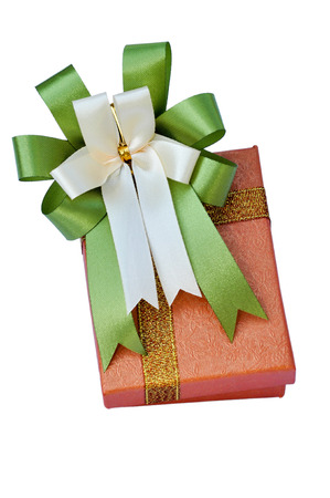 The luxury gift box with green ribbon on white の写真素材