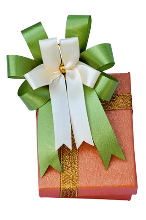 The luxury gift box with green ribbon on white の写真素材