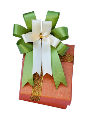 The luxury gift box with green ribbon on white の写真素材