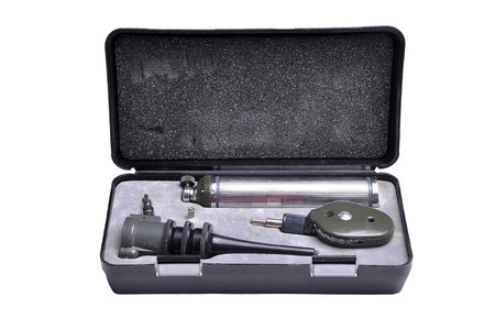 Otoscopes in the box. Otoscopes are also frequently used for examining patients' noses and upper throats.の写真素材