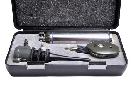 Otoscopes in the box. Otoscopes are also frequently used for examining patients' noses and upper throats.の写真素材